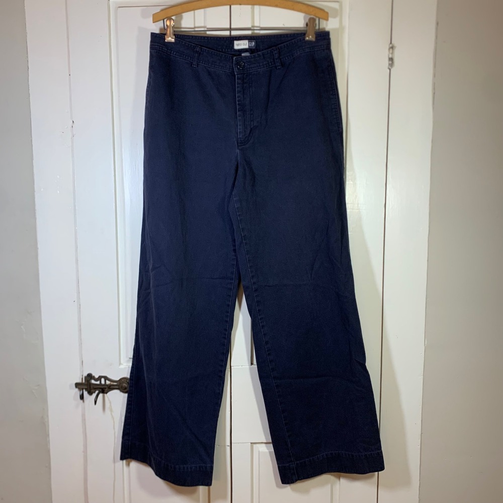 Vintage Gap Retro Cut Navy Blue Wide Leg High Rise Cotton Pants 12R Y2K Minimal